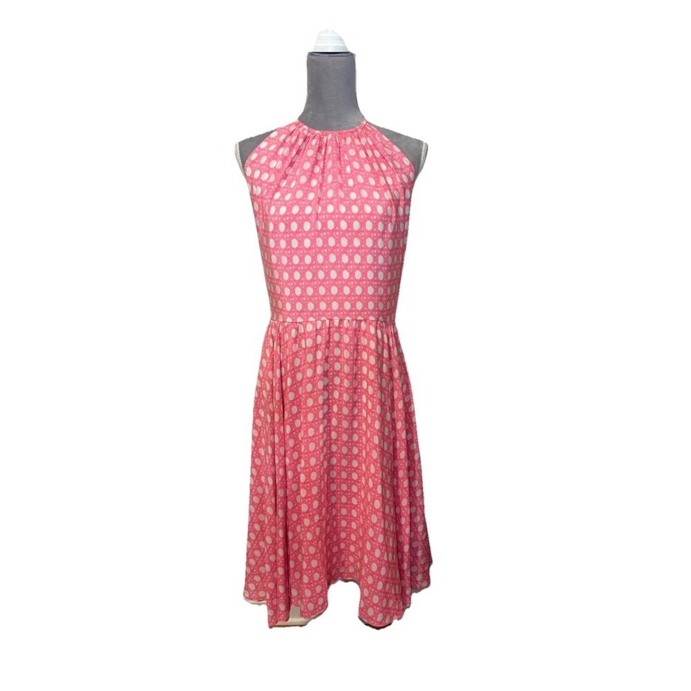 VINEYARD VINES Women's Pink & White Silk Dress Halter Neck Open Back Flowy Sz 14